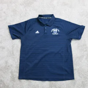 Adidas Mens Polo Shirt Striped ELMHURST COLLEGE Soccer Logo Blue/Black Size L