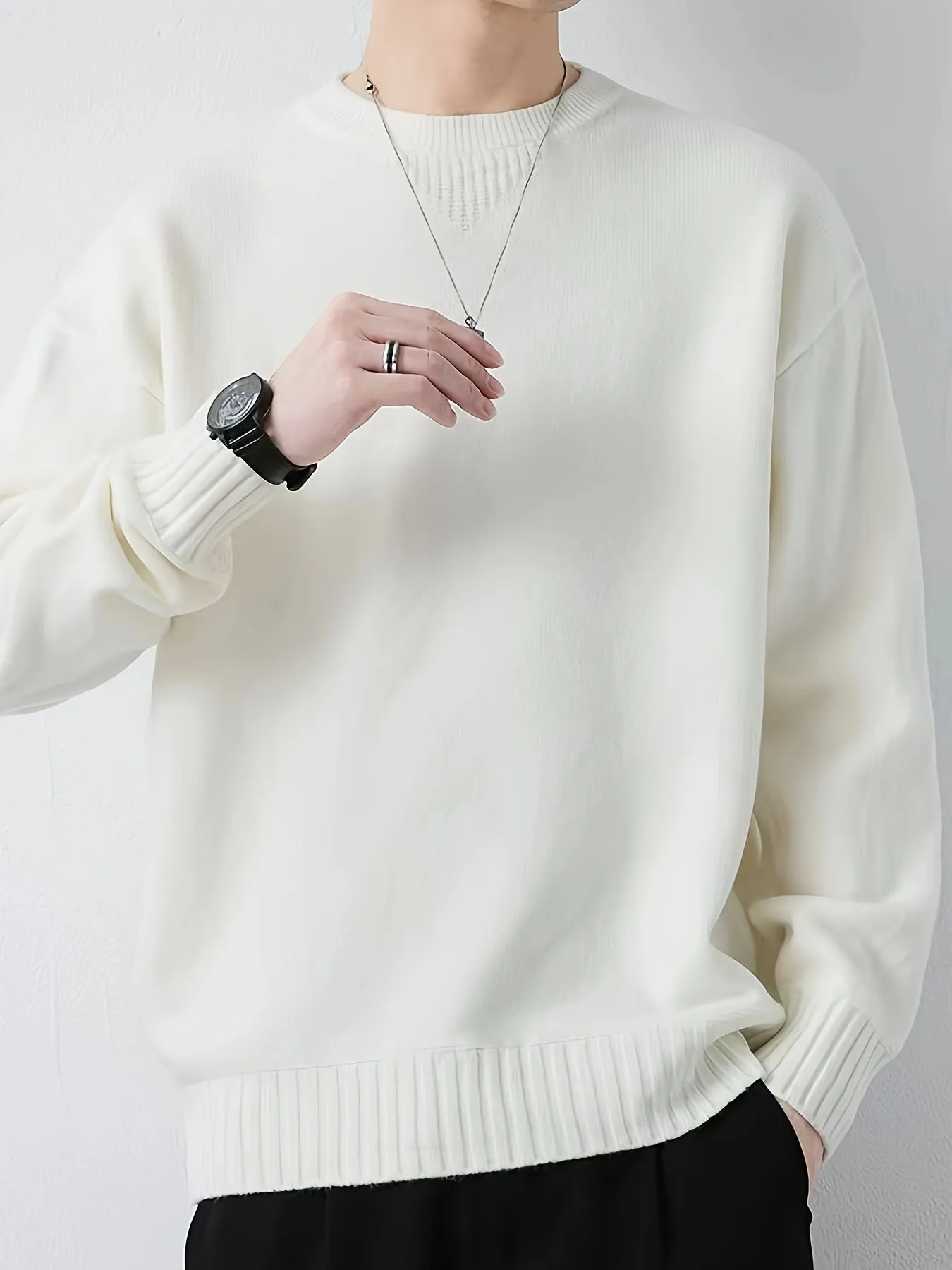 All Match Knitted Sweater, Men's Casual Warm Slightly Stretch Crew Neck Pullover Sweater For Fall Winter