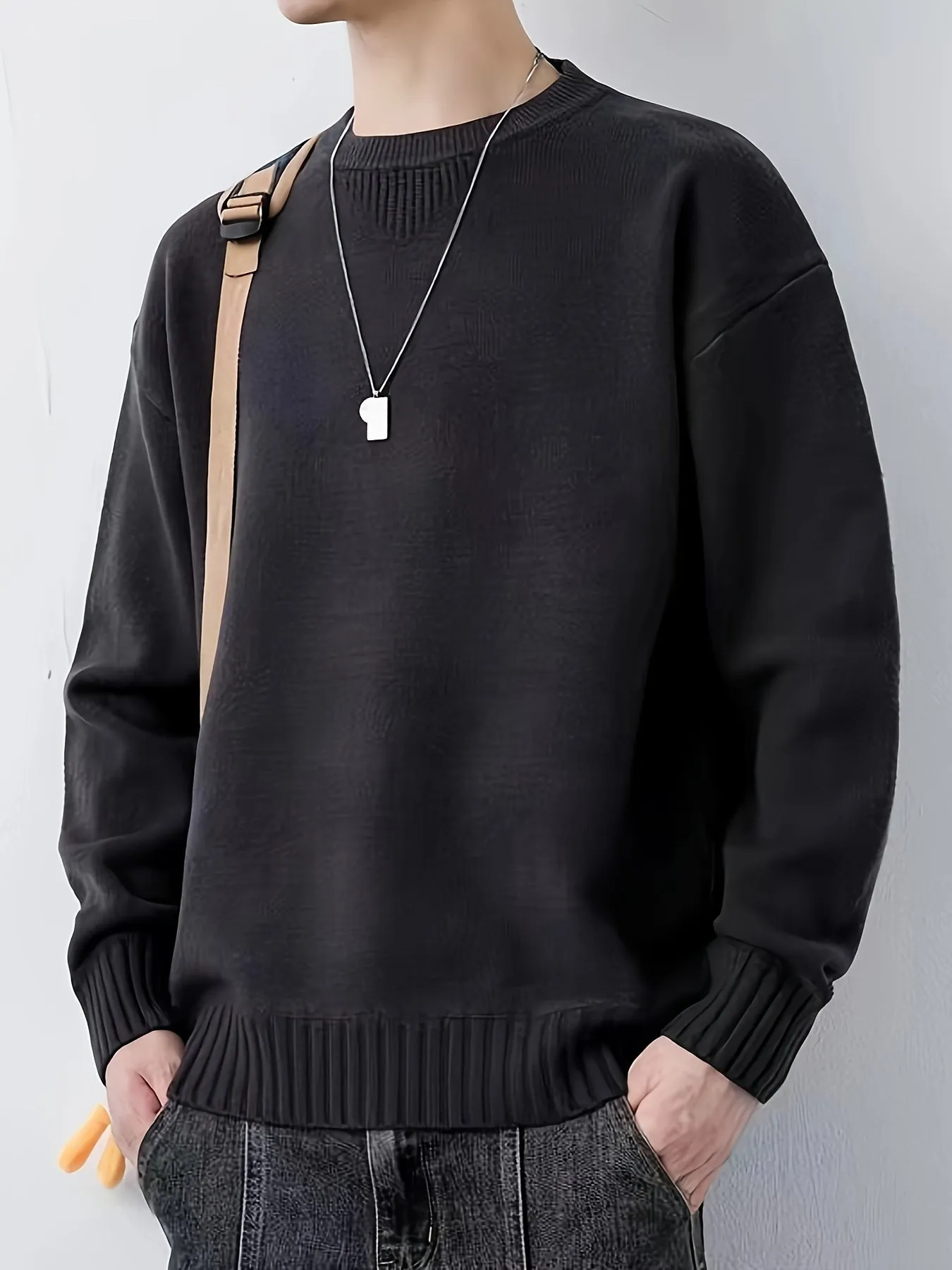 All Match Knitted Sweater, Men's Casual Warm Slightly Stretch Crew Neck Pullover Sweater For Fall Winter