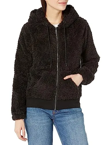 Andrew Marc Women's Teddy Fleece Full Zip Hooded Jacket, Black (Faux Fur), Small