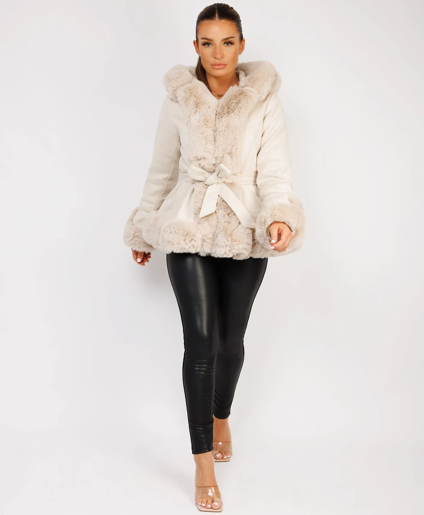 Beige Faux Suede Fur Trim Hem Hooded Swing Jacket