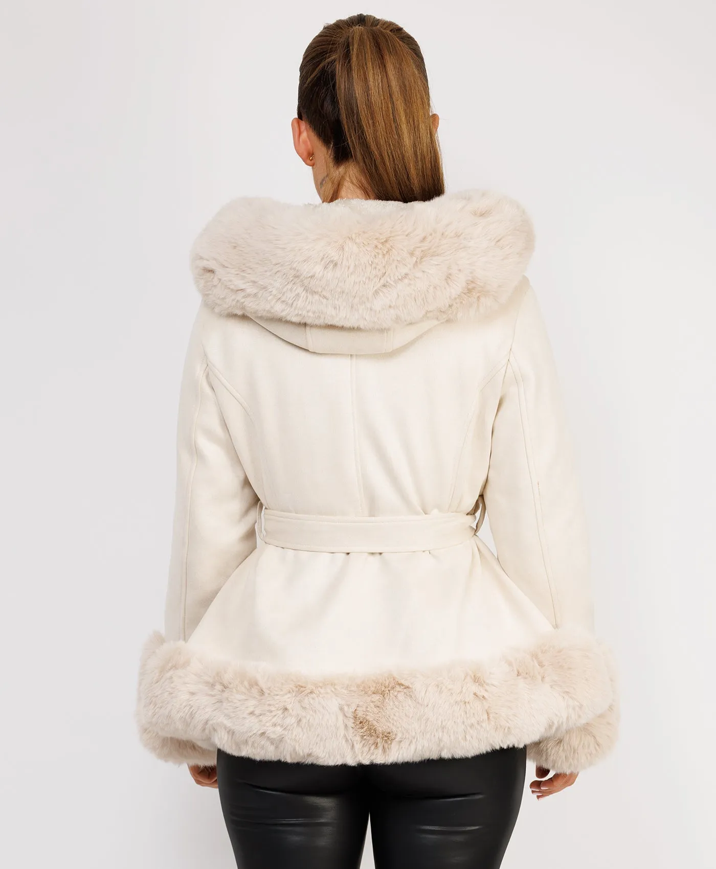 Beige Faux Suede Fur Trim Hem Hooded Swing Jacket