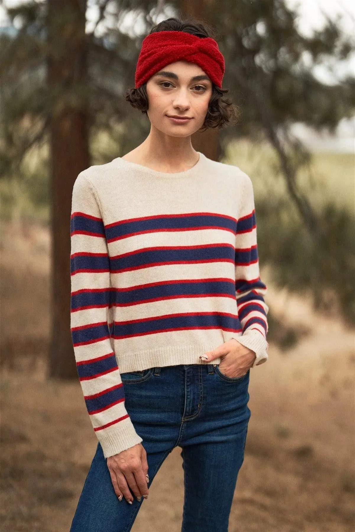 Beige Red & Blue Color Block Striped Knit Long Sleeve Preppy Style Sweater Top /3-2-1