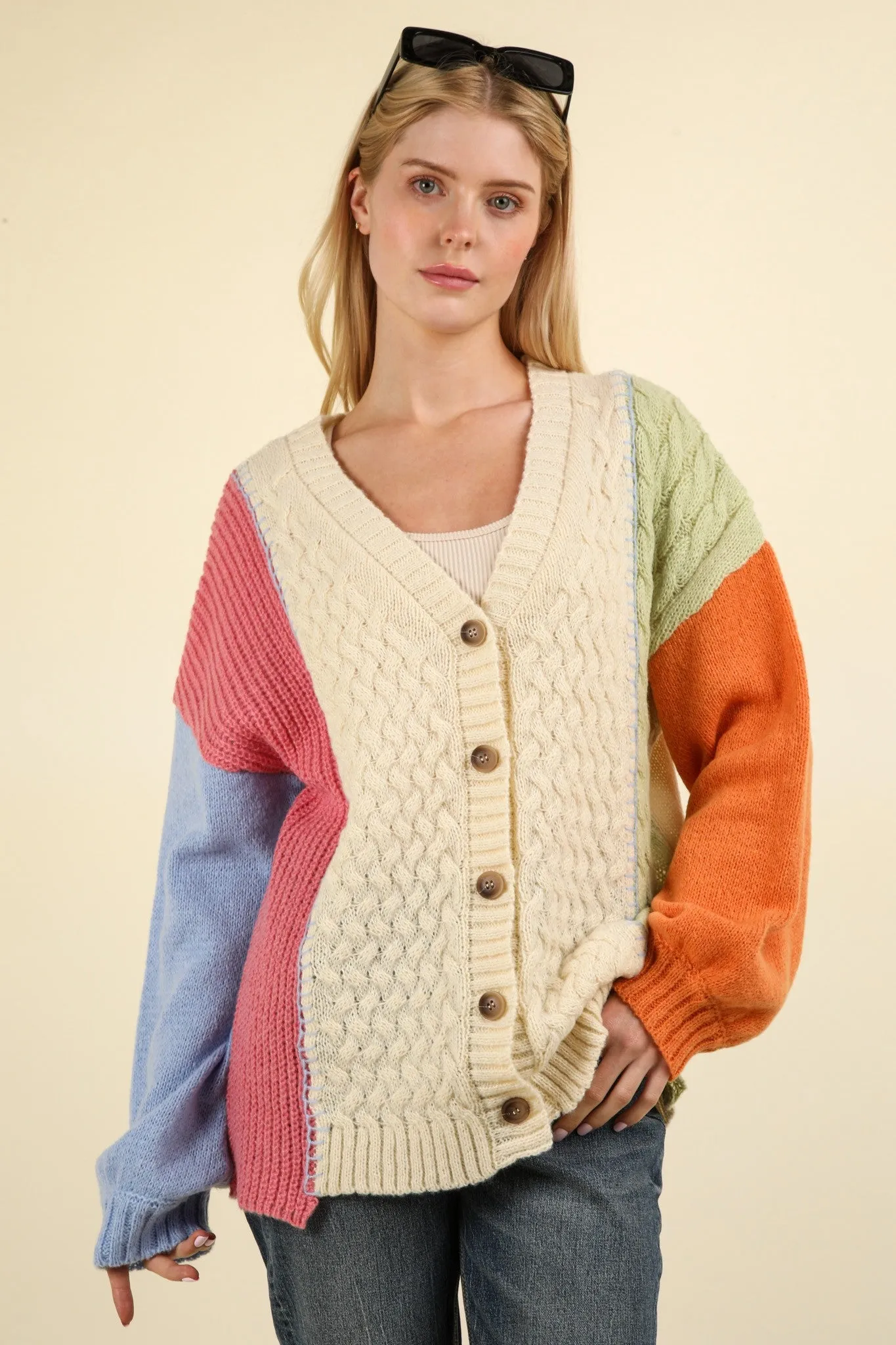 Bernie V Neck Oversized Color Block Knit Button Up Cardigan