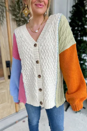 Bernie V Neck Oversized Color Block Knit Button Up Cardigan