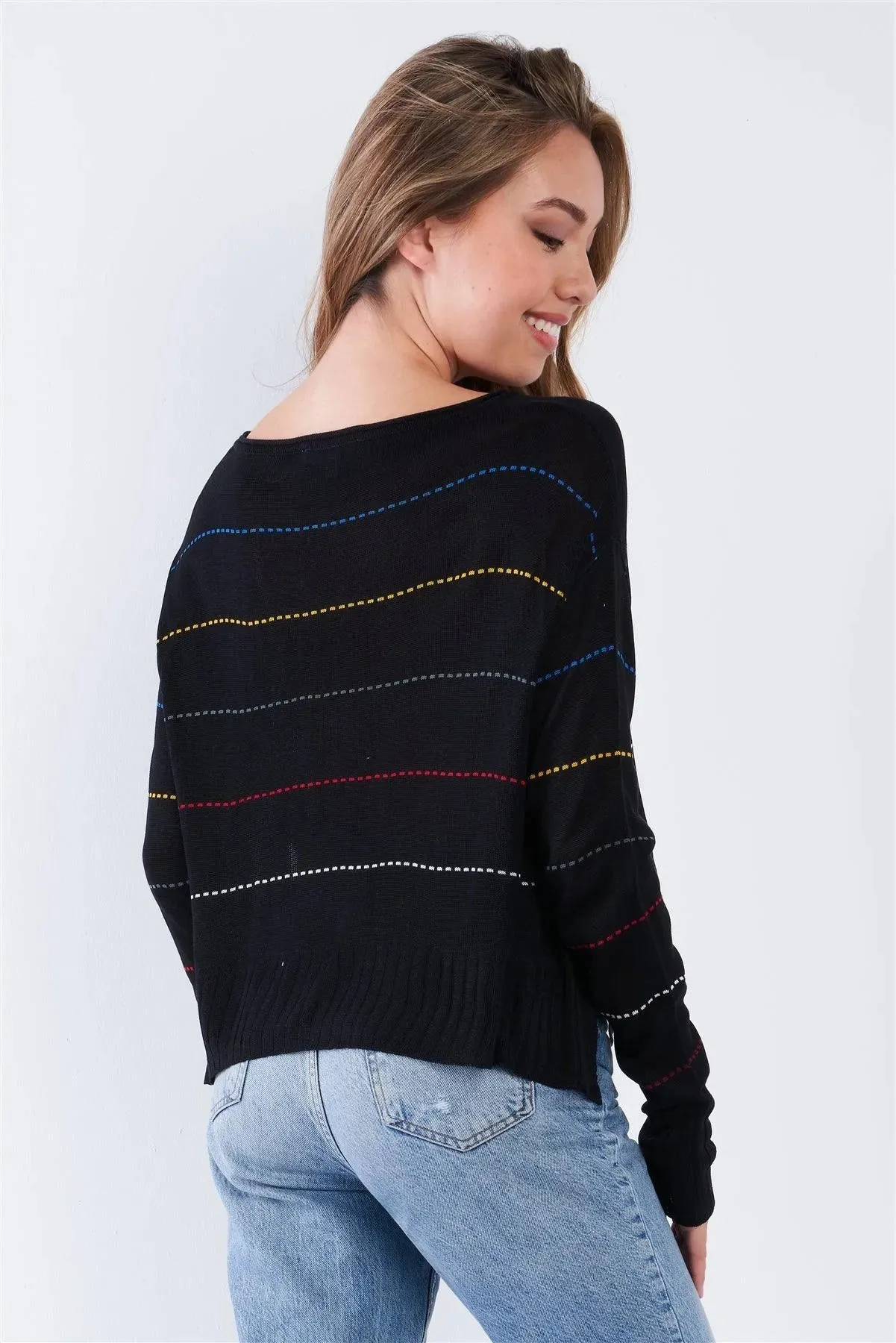 Black Colorblock Scoop Neck Long Sleeve Knit Sweater