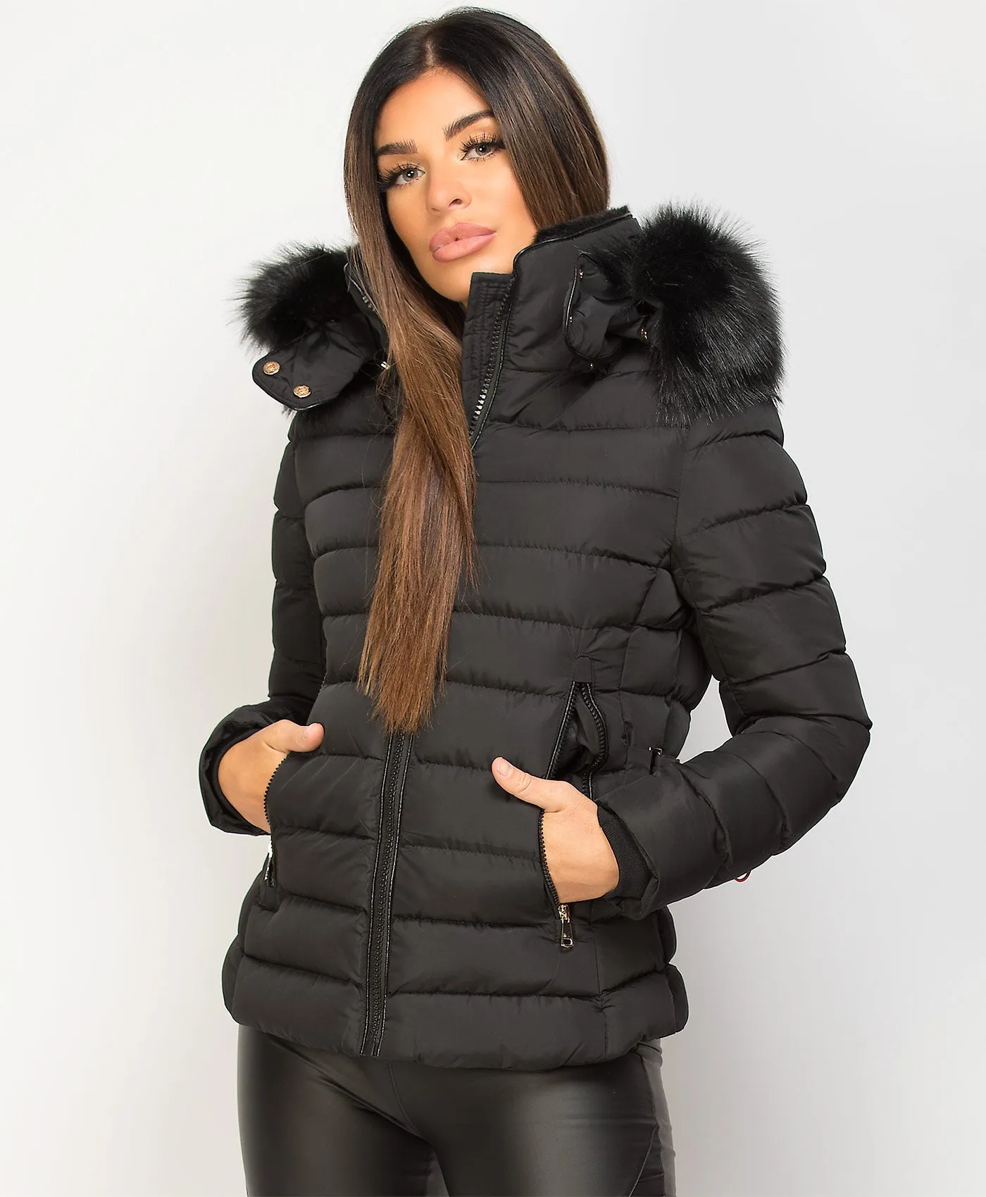 Black Contrast Panel Padded Quilted Fur Hood Puffer Jacket