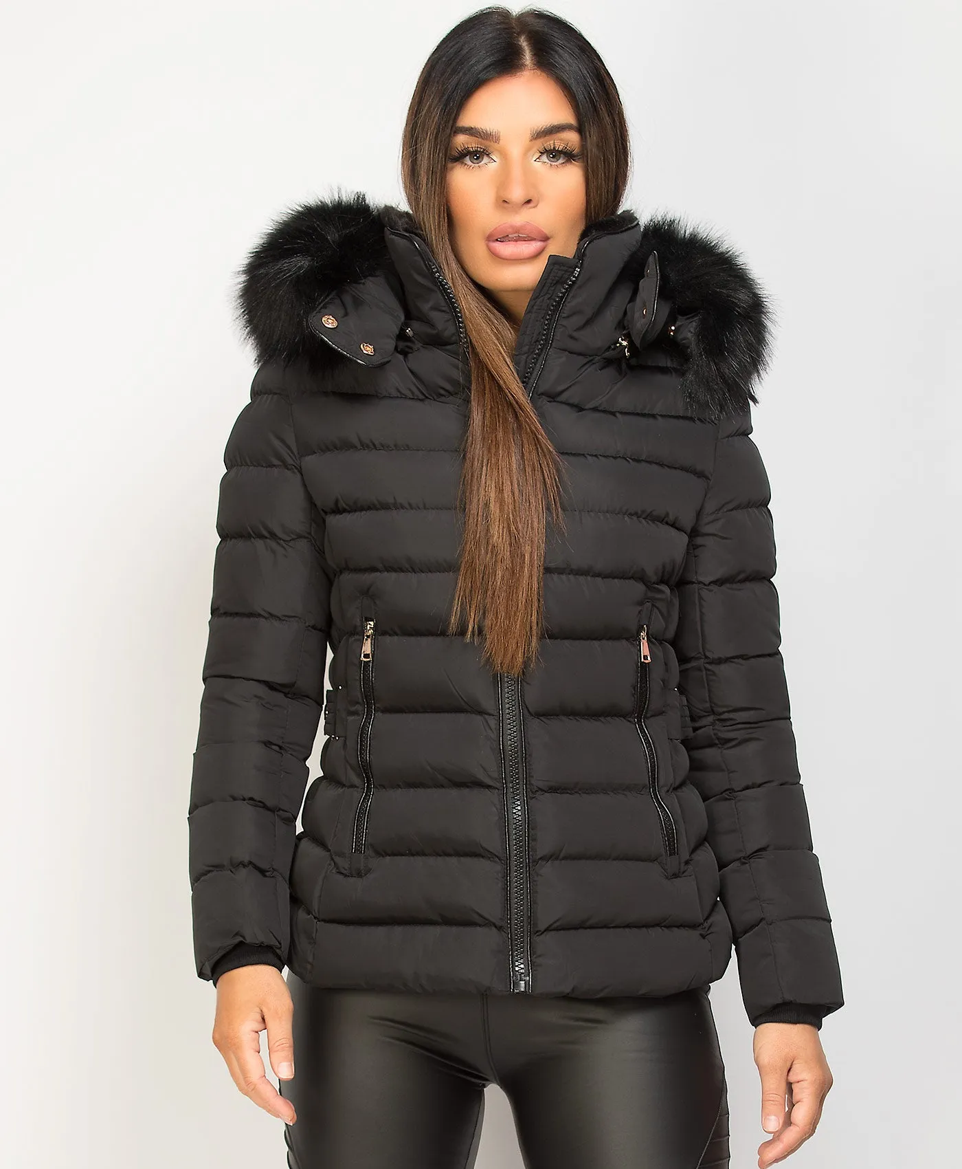 Black Contrast Panel Padded Quilted Fur Hood Puffer Jacket