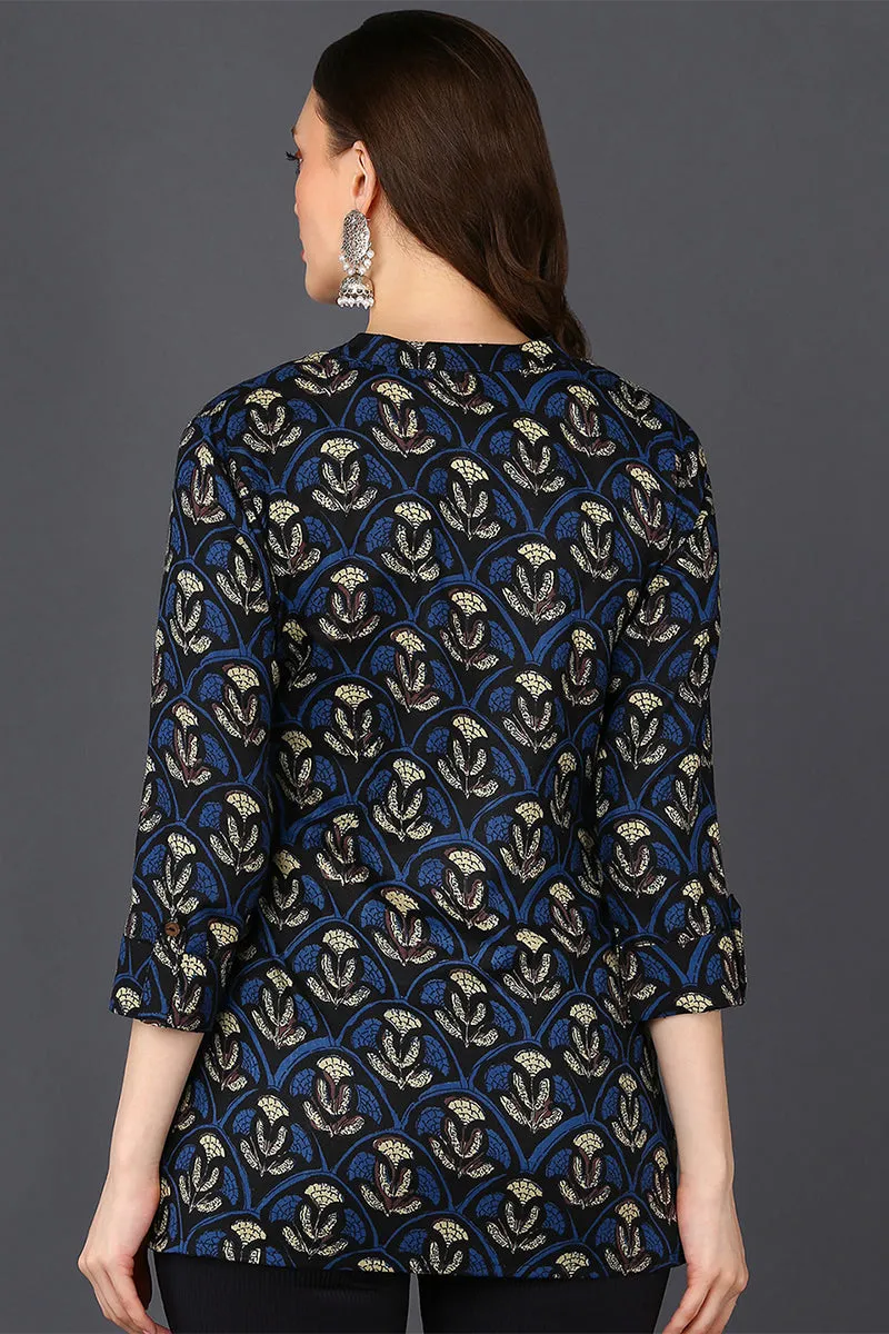 Black Cotton Blend Ethnic Motifs Printed Straight Tunic