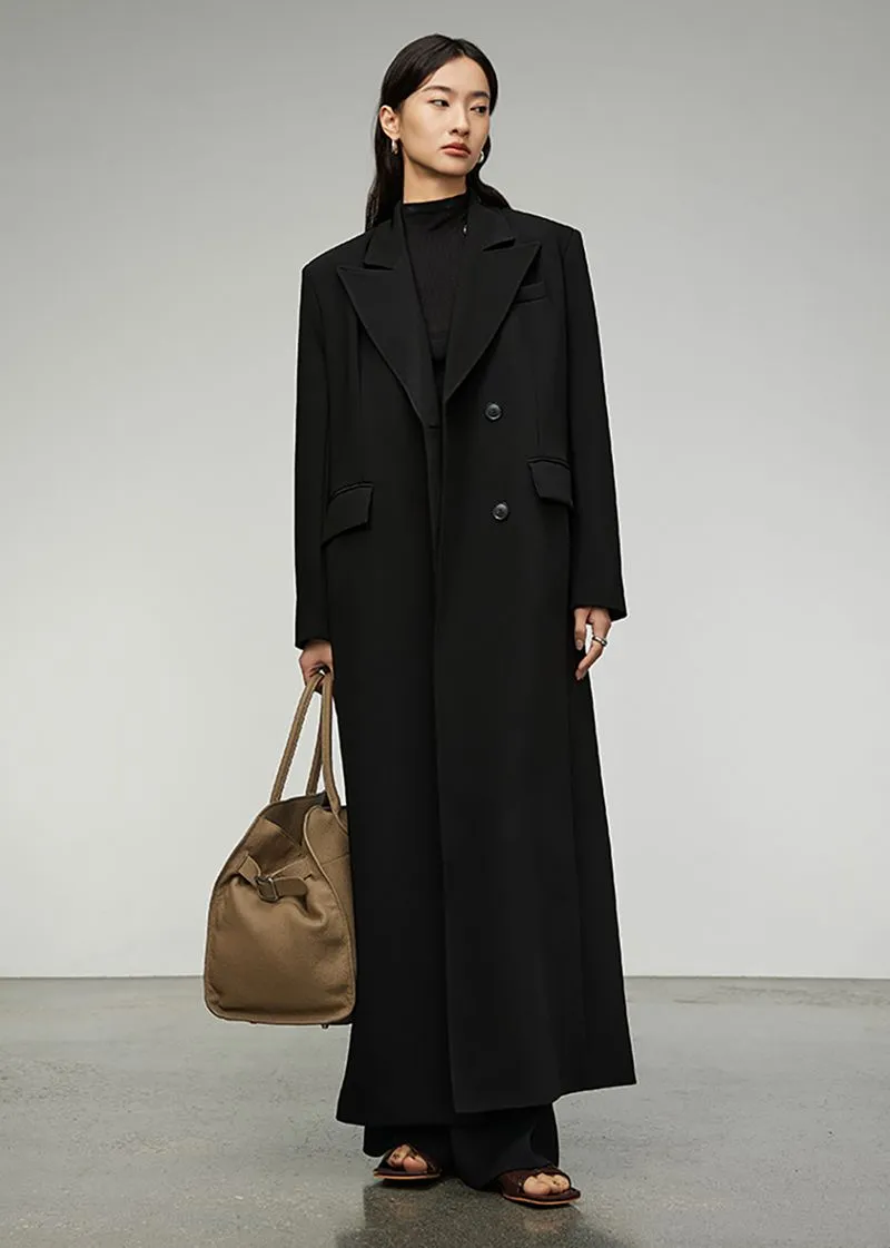 Black Double Breasted Long Trench Coat