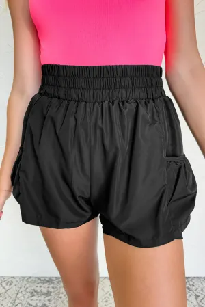 Black Elastic High Waist Pocketed Casual Shorts