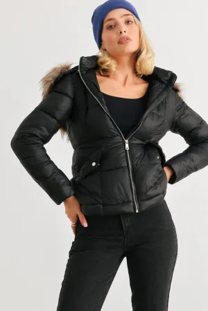 Black Long Sleeve Faux Fur Hood Padded Water Resistant Finish Puffer Jacket /2-2-2