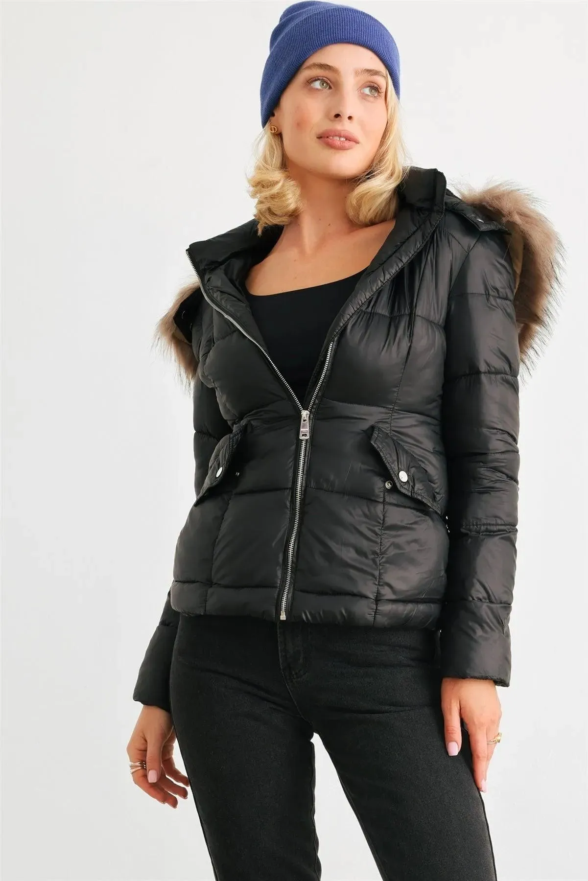 Black Long Sleeve Faux Fur Hood Padded Water Resistant Finish Puffer Jacket