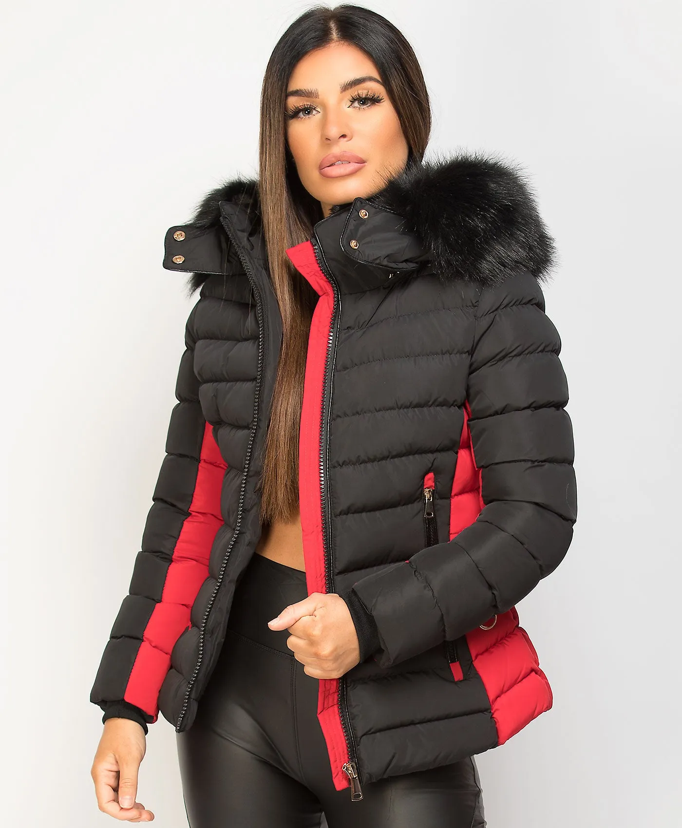 Black Red Contrast Panel Padded Quilted Fur Hood Puffer Jacket