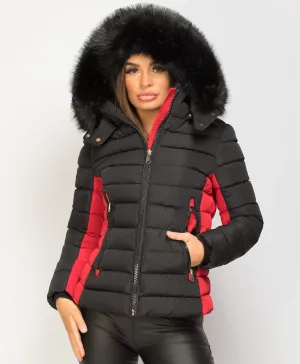 Black Red Contrast Panel Padded Quilted Fur Hood Puffer Jacket