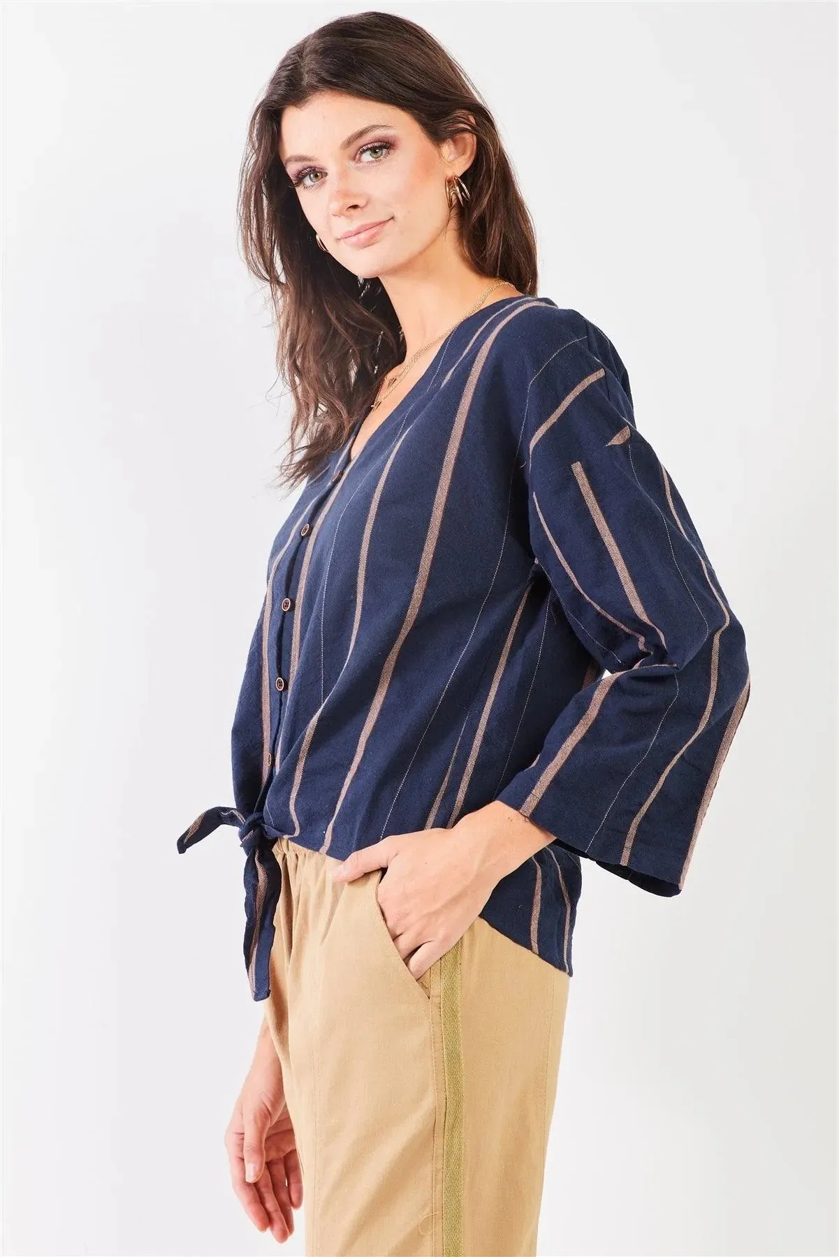 Blue Carrot Striped Button-Down Self-Tie Cotton Shirt Top /2-2-2