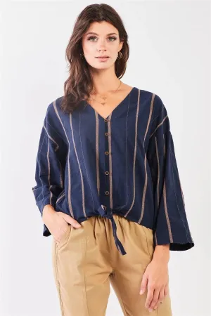 Blue Carrot Striped Button-Down Self-Tie Cotton Shirt Top /2-2-2