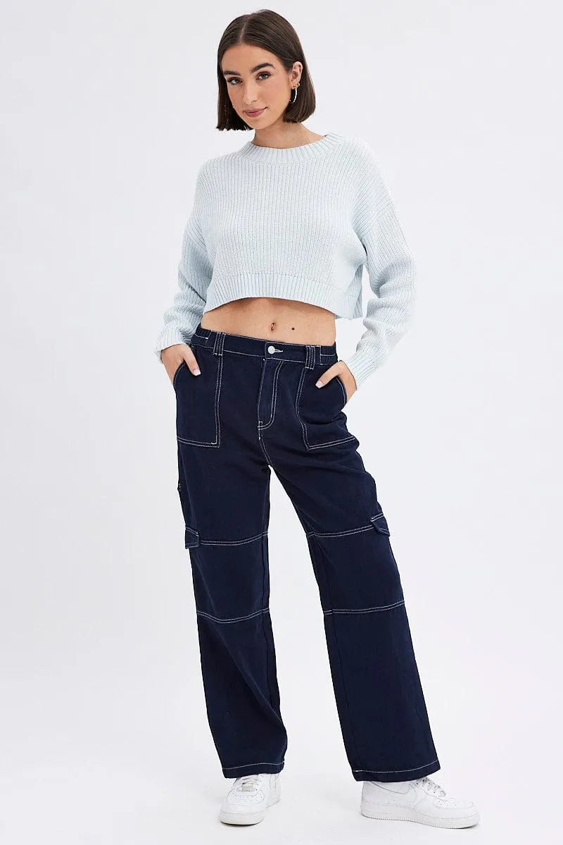 Blue Knit Jumper Long Sleeve Cotton