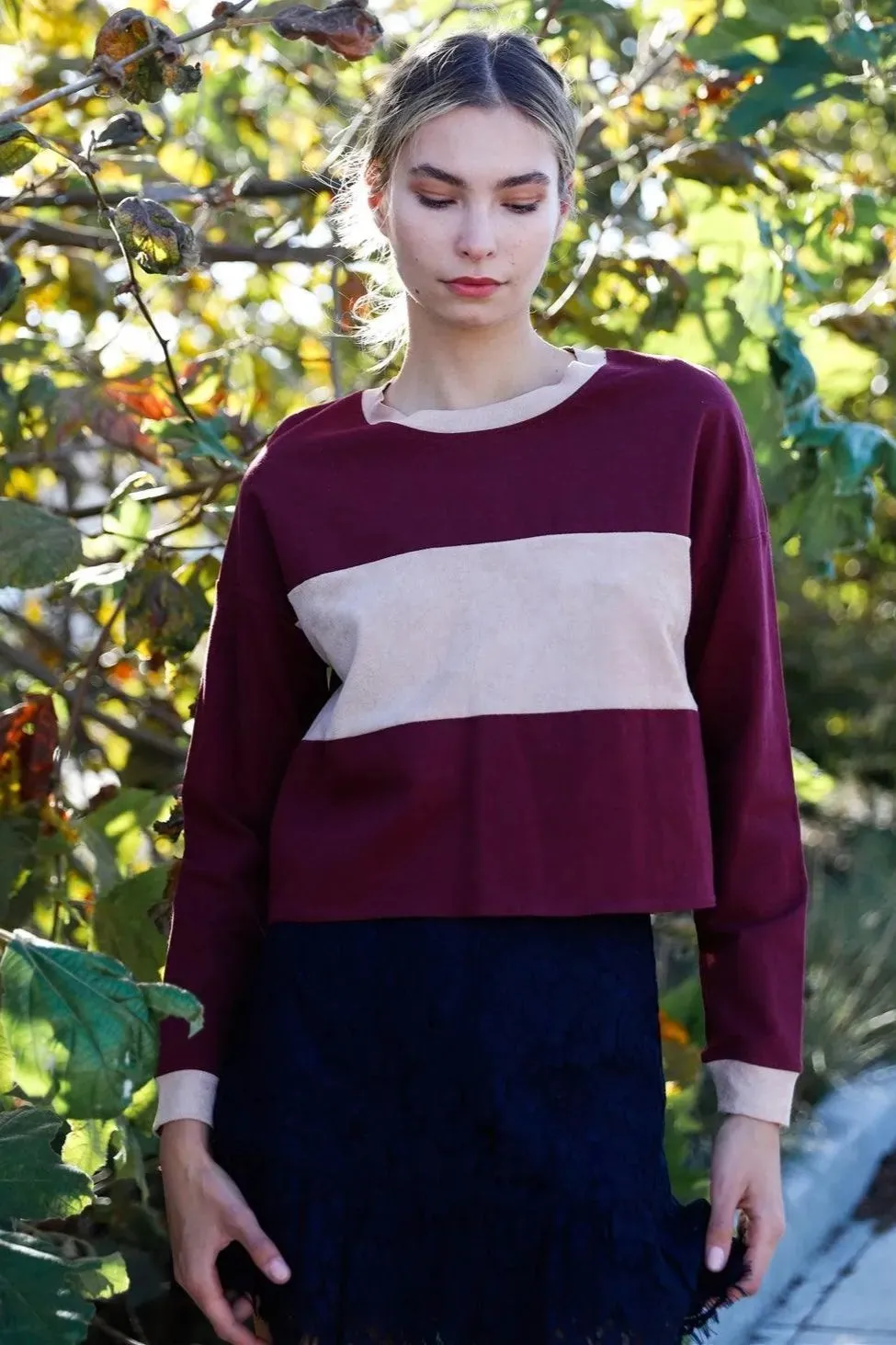 Burgundy Cotton Colorblock Long Sleeve Crop Top /2-2-2