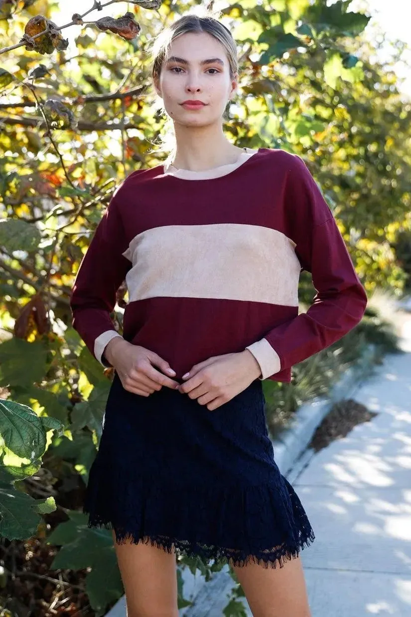 Burgundy Cotton Colorblock Long Sleeve Crop Top /2-2-2