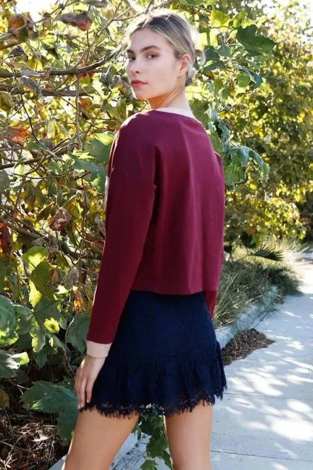 Burgundy Cotton Colorblock Long Sleeve Crop Top /2-2-2