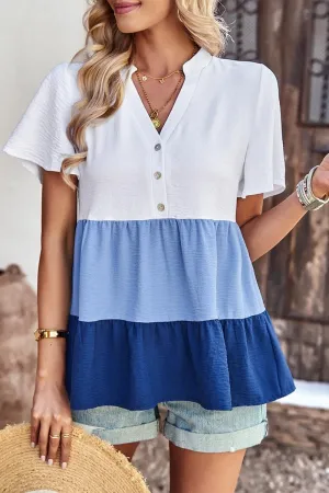 BUTTON UP COLOR BLOCK RUFFLED TUNIC TOP