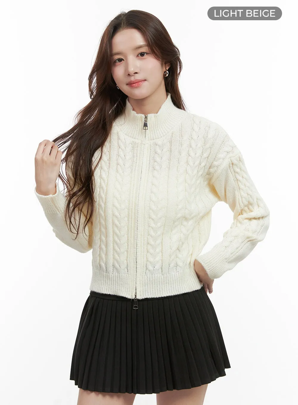 Cable Knit Zip-Up Crop Cardigan OO421