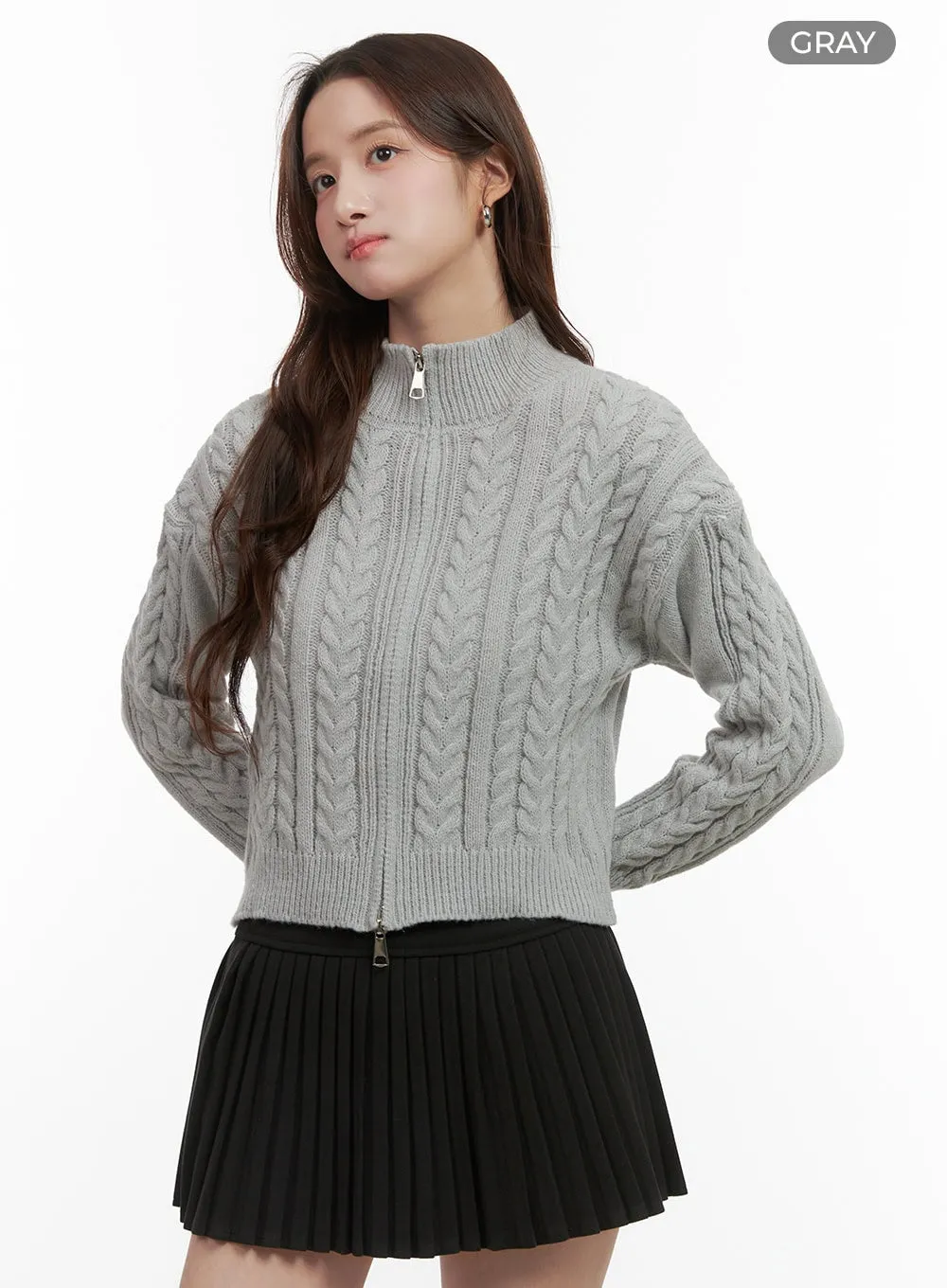 Cable Knit Zip-Up Crop Cardigan OO421