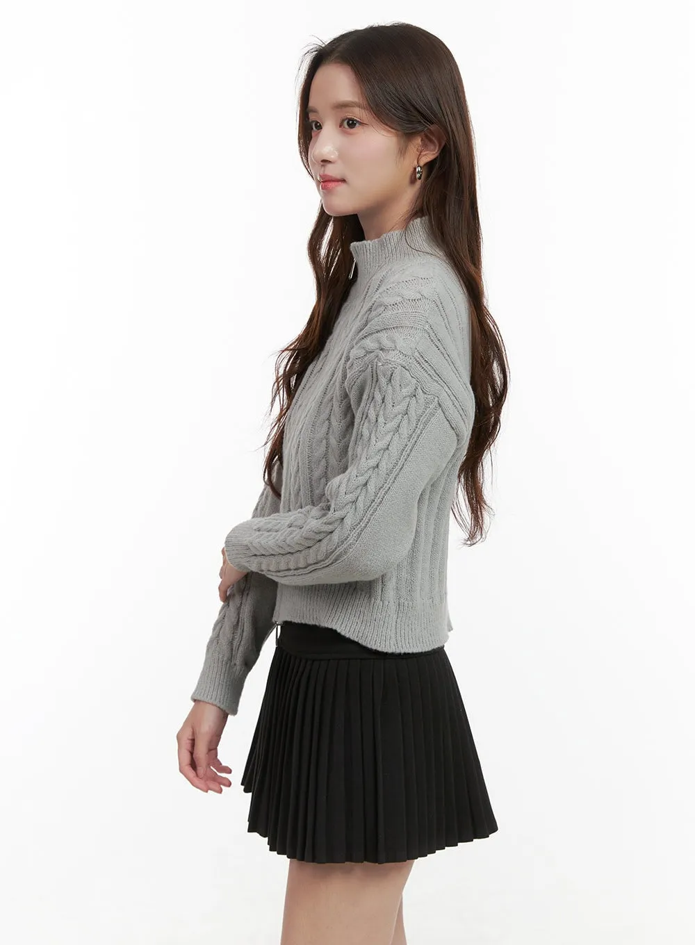 Cable Knit Zip-Up Crop Cardigan OO421