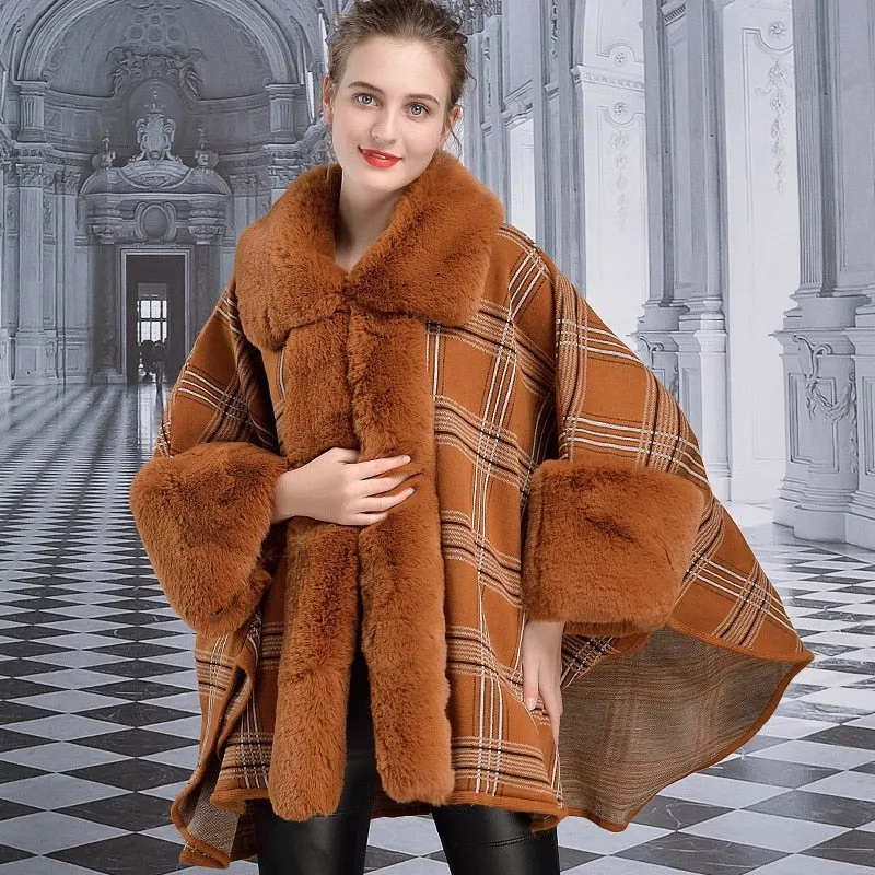 Cape Plaid Poncho Big Fur Collar Shawl Thick Warm Knit Coat