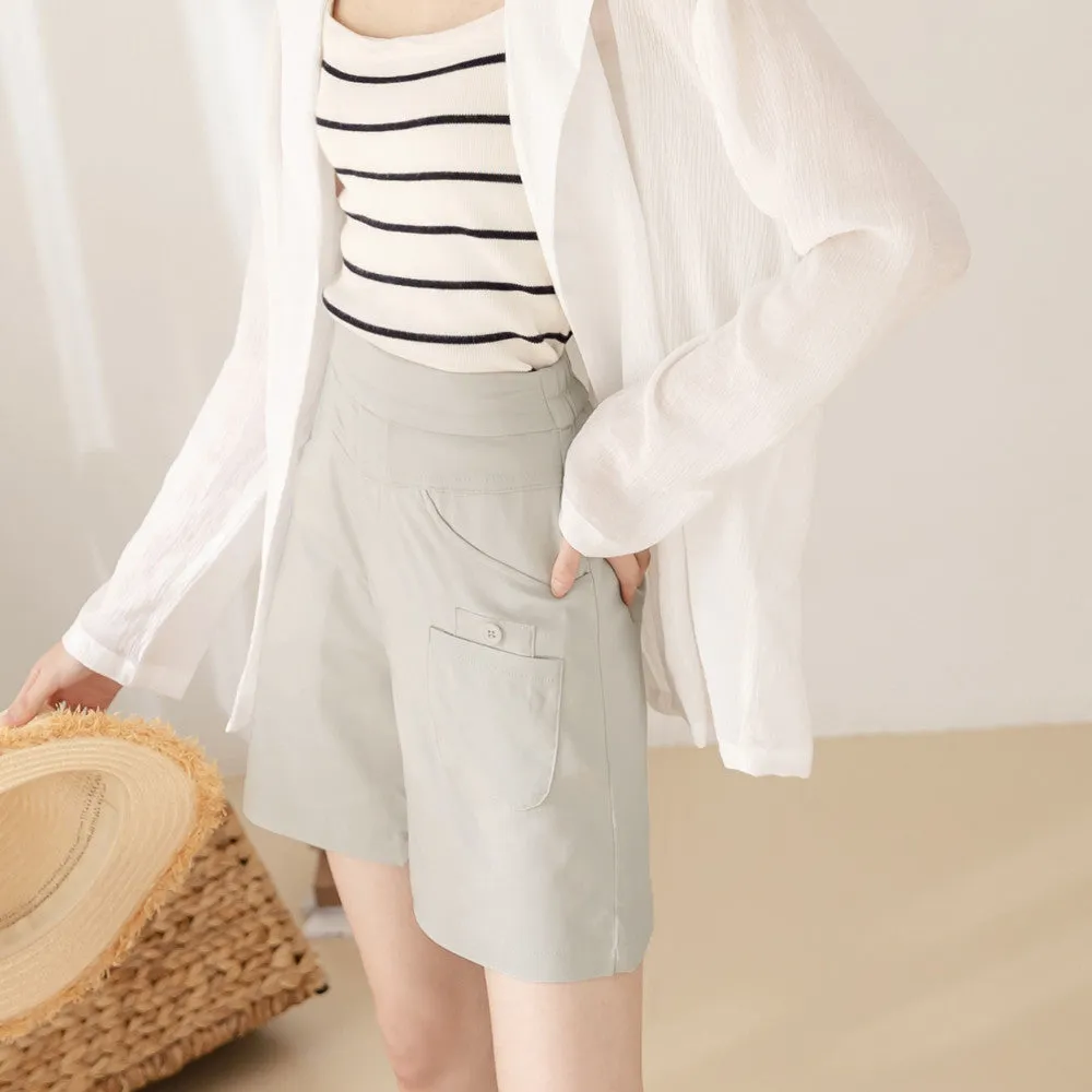 Casual Elastic Waist Pocket Cotton Shorts Pants