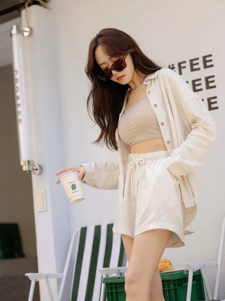 Casual Linen Elastic Waist Drawstring Shorts Pants