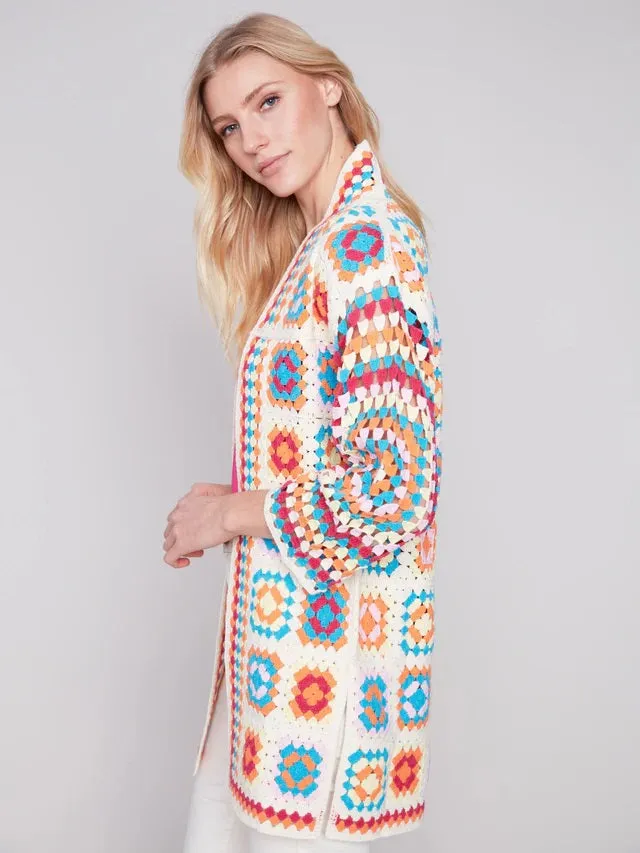 C.B 2635 Long Color Block Crochet Cardigan