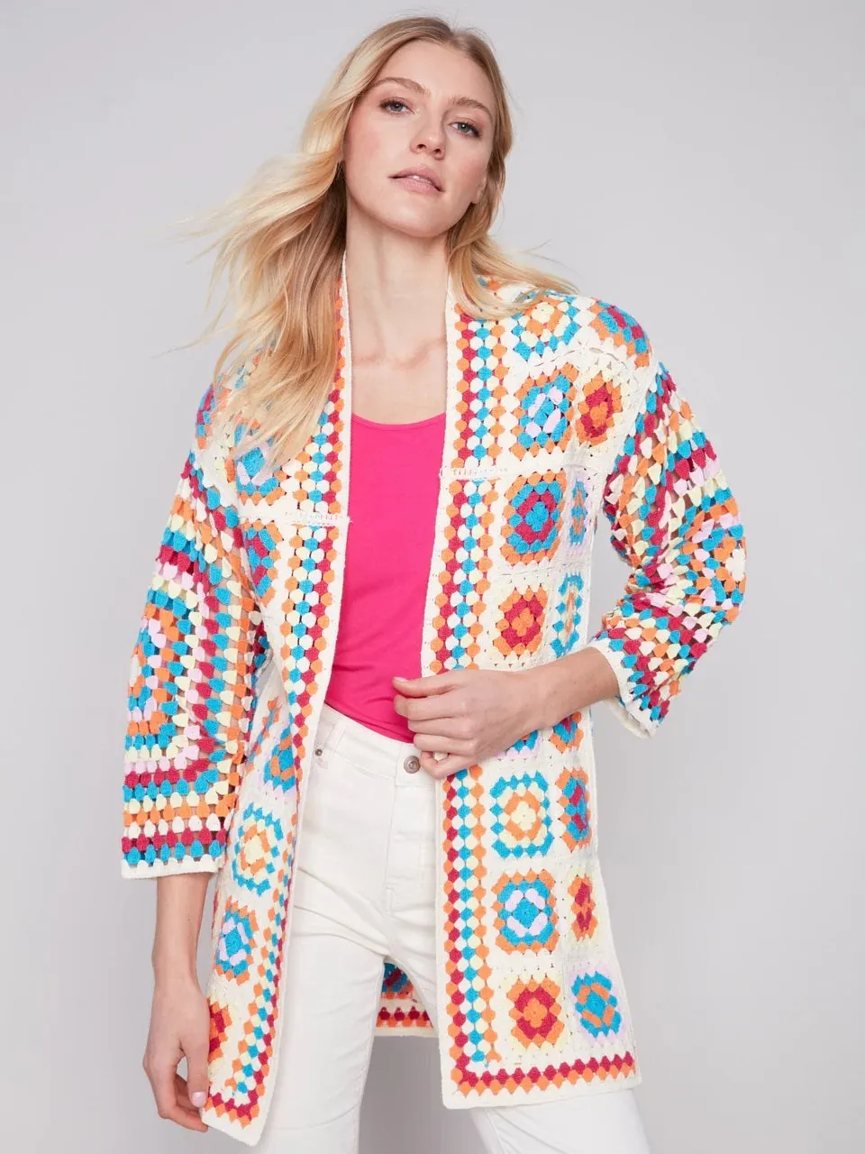 C.B 2635 Long Color Block Crochet Cardigan