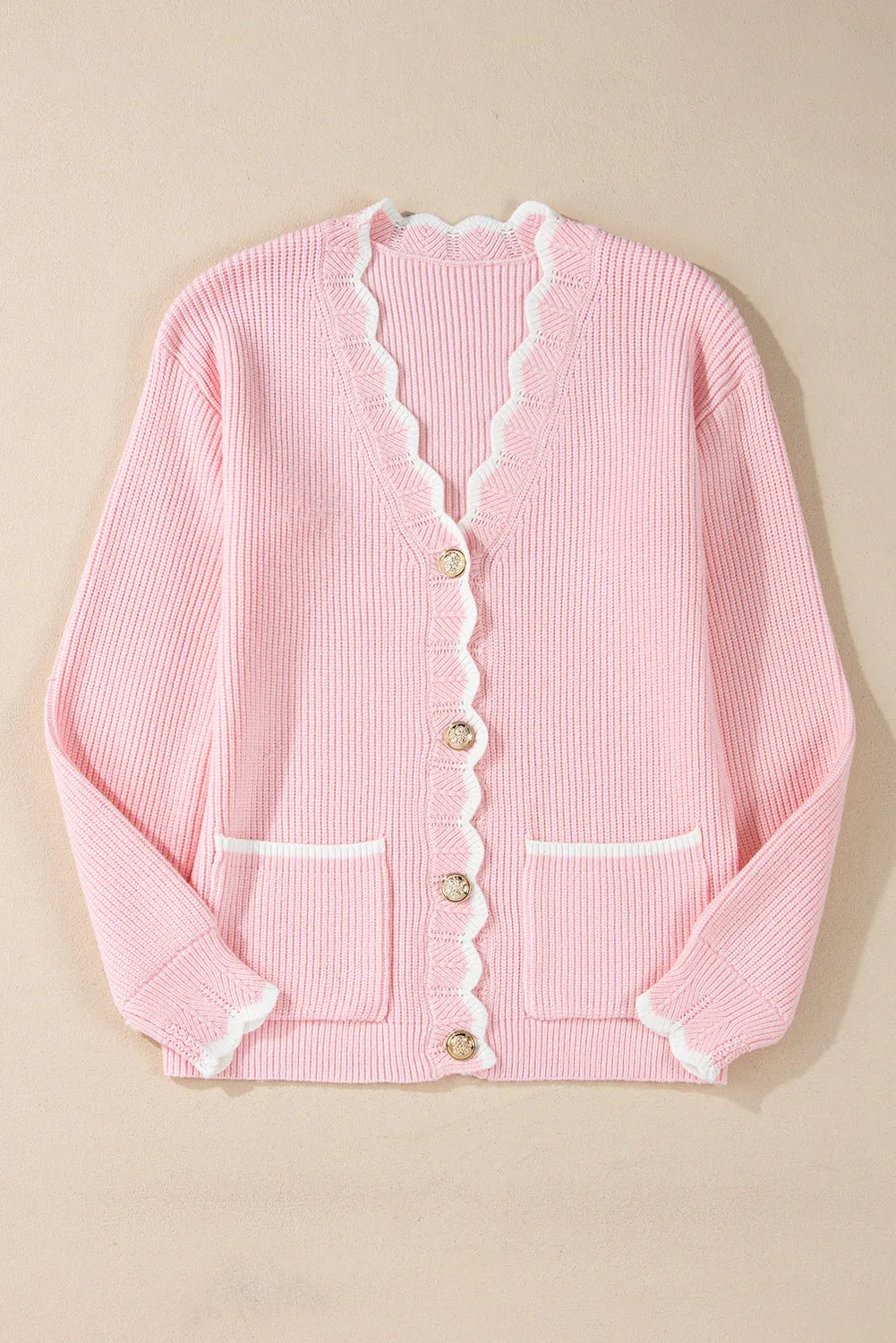 Chic Scalloped Knit Cardigan with Button Detailing