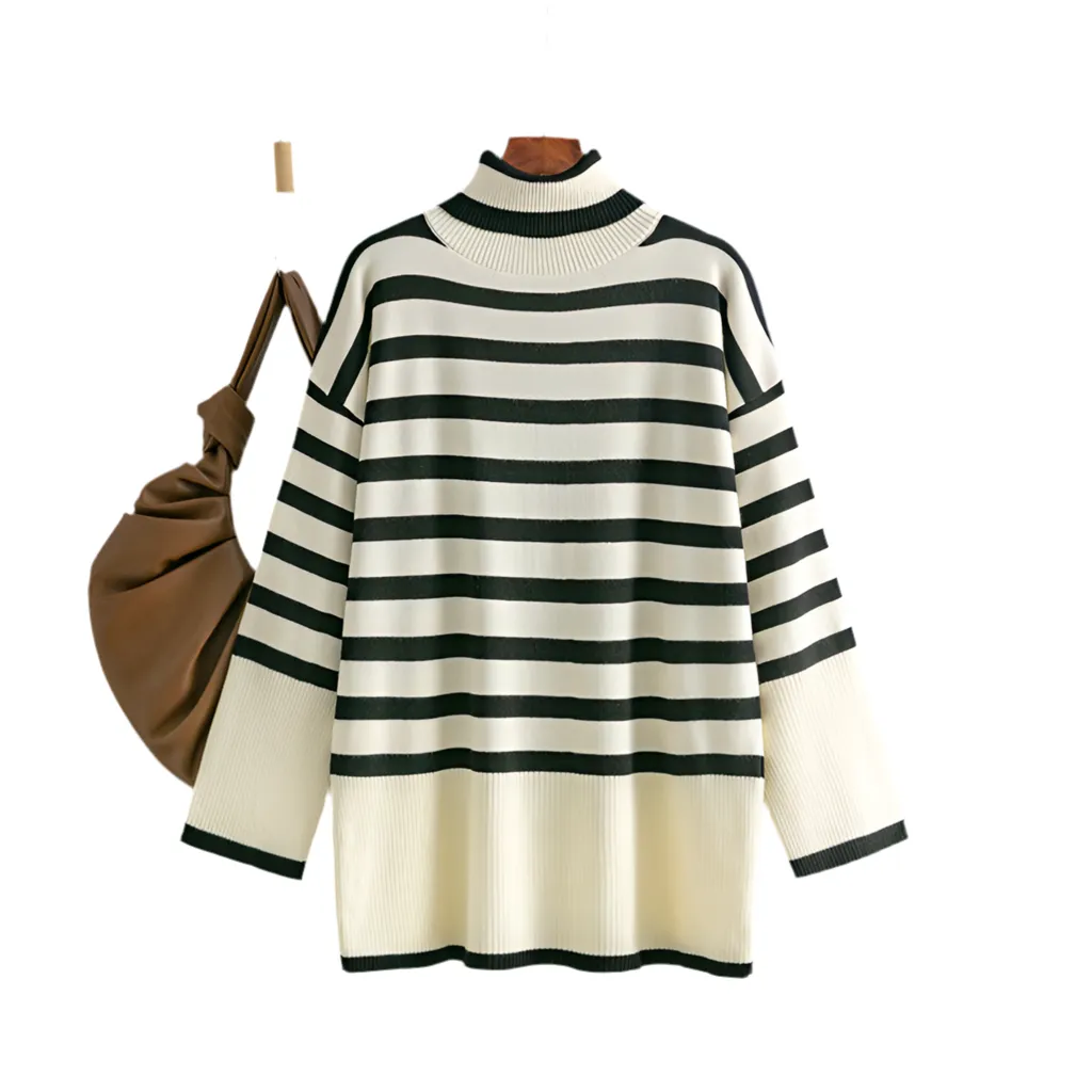 Chic Striped Turtleneck Sweater for Women | Loose Fit & Cozy Design"