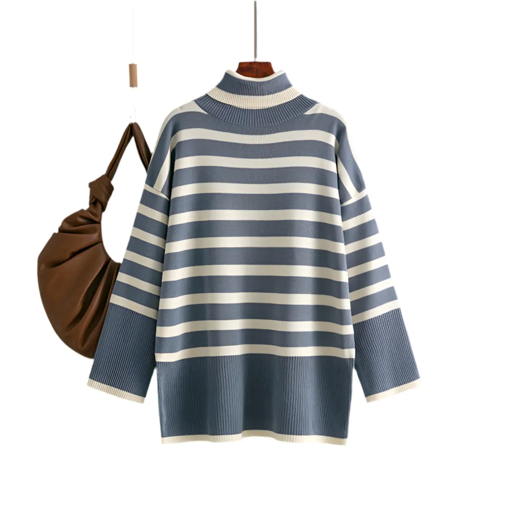 Chic Striped Turtleneck Sweater for Women | Loose Fit & Cozy Design"