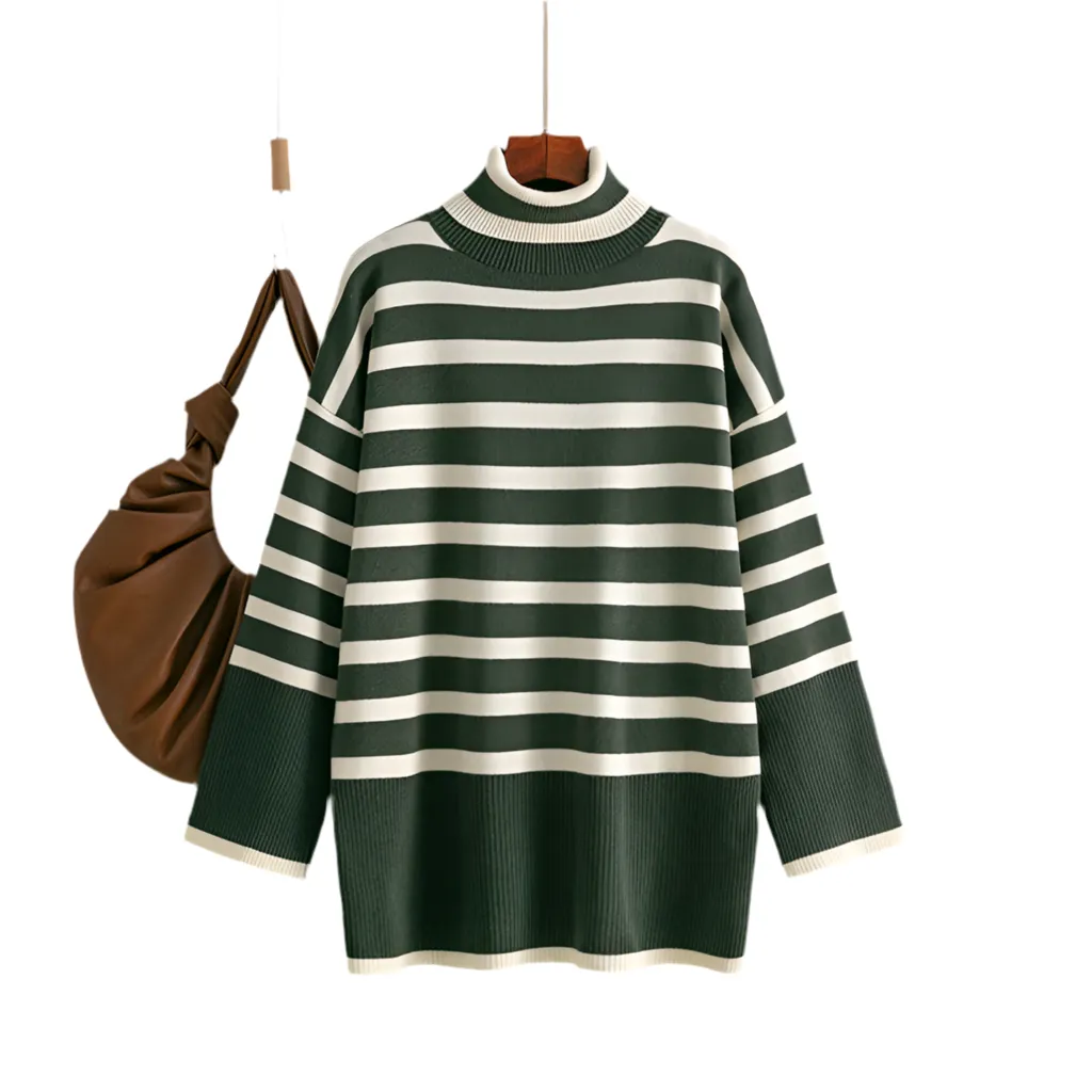 Chic Striped Turtleneck Sweater for Women | Loose Fit & Cozy Design"