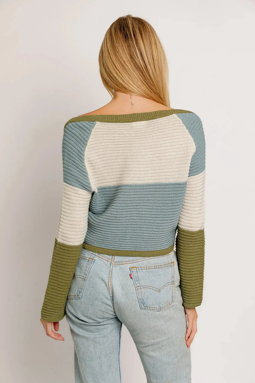 Color block Long Sleeve Deep Square Neckline Sweater