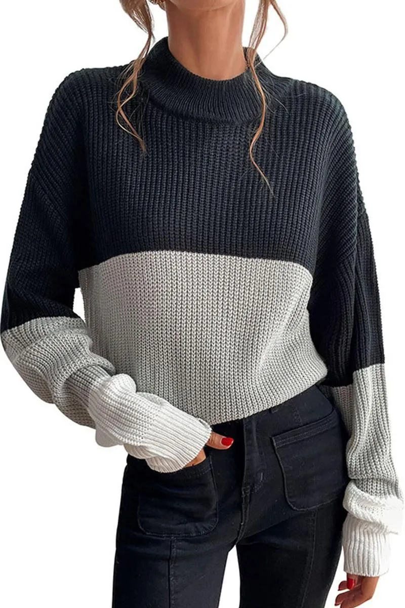 COLOR BLOCK LOOSE FIT CASUAL SWEATER TOP