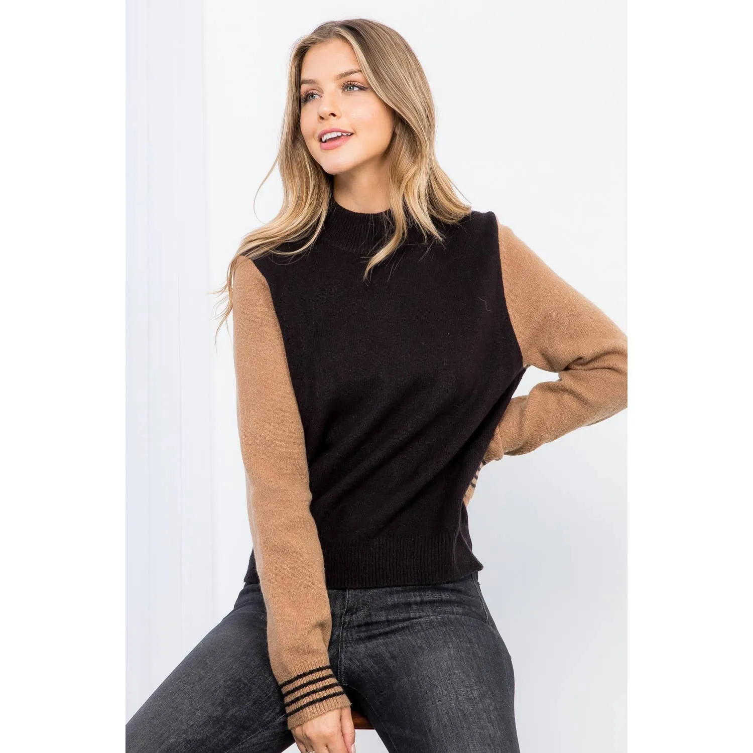 Color Block Mock Neck Sweater