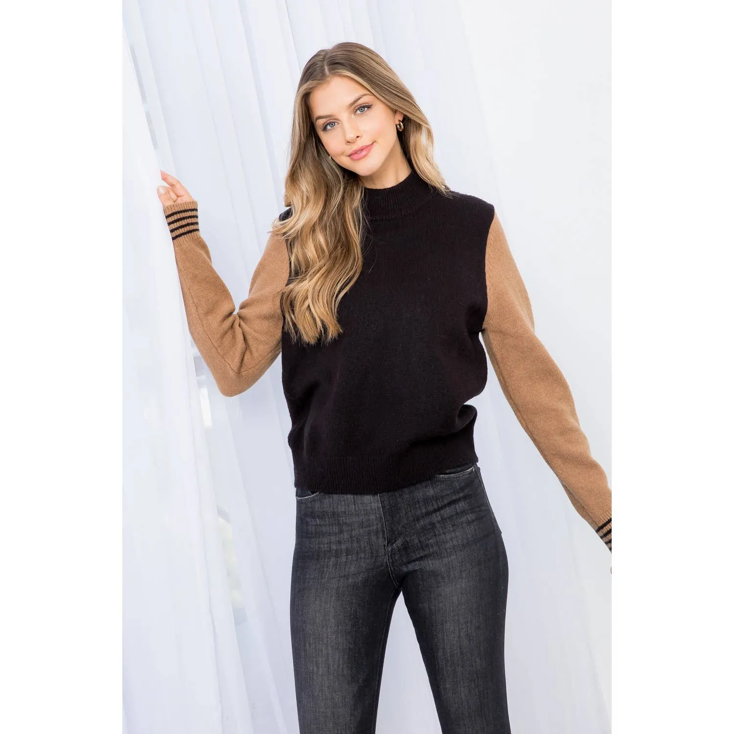 Color Block Mock Neck Sweater