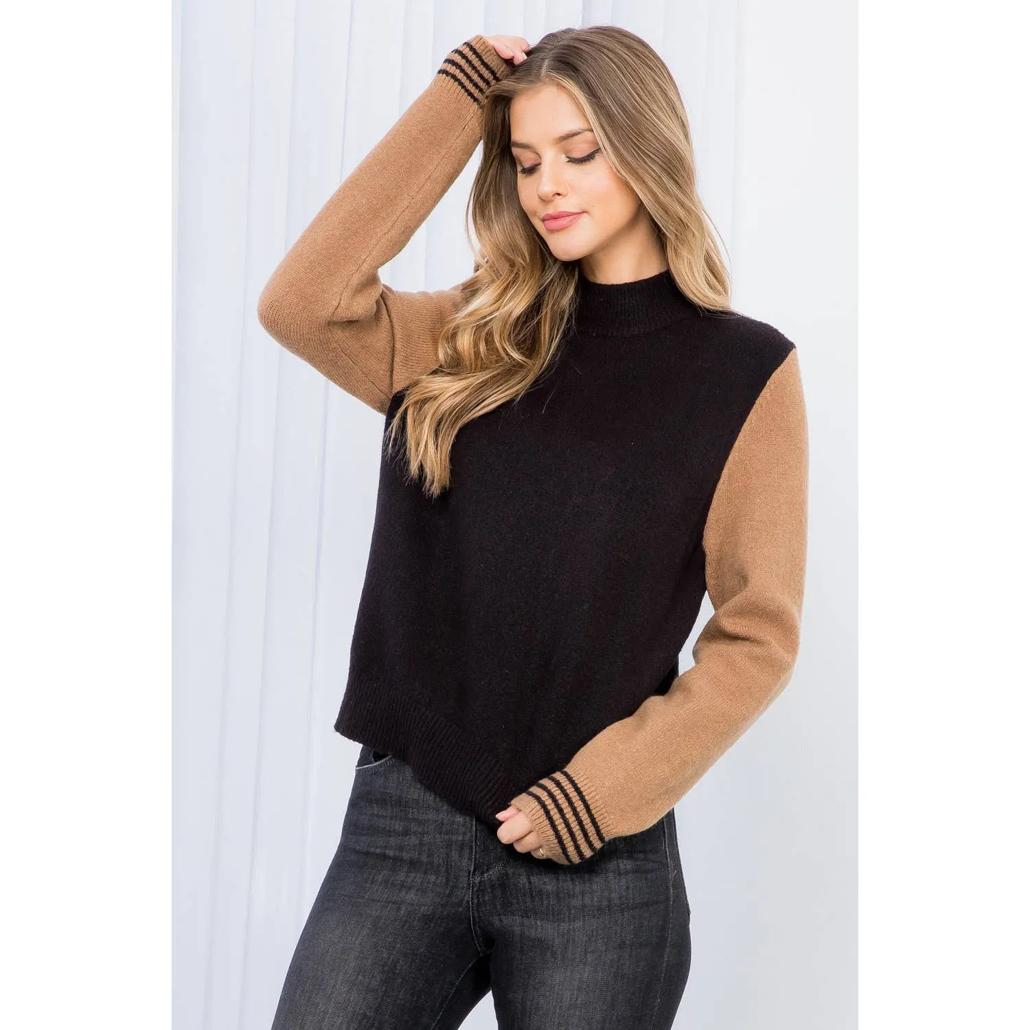 Color Block Mock Neck Sweater