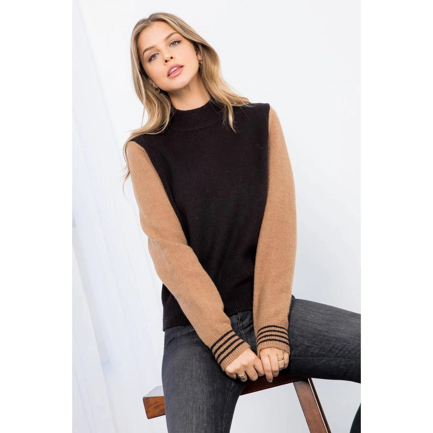 Color Block Mock Neck Sweater