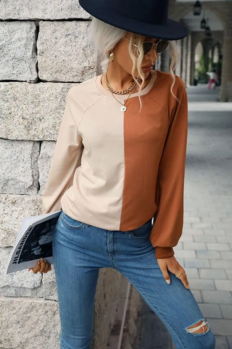 COLOR BLOCK ROUND NECK CASUAL TOP