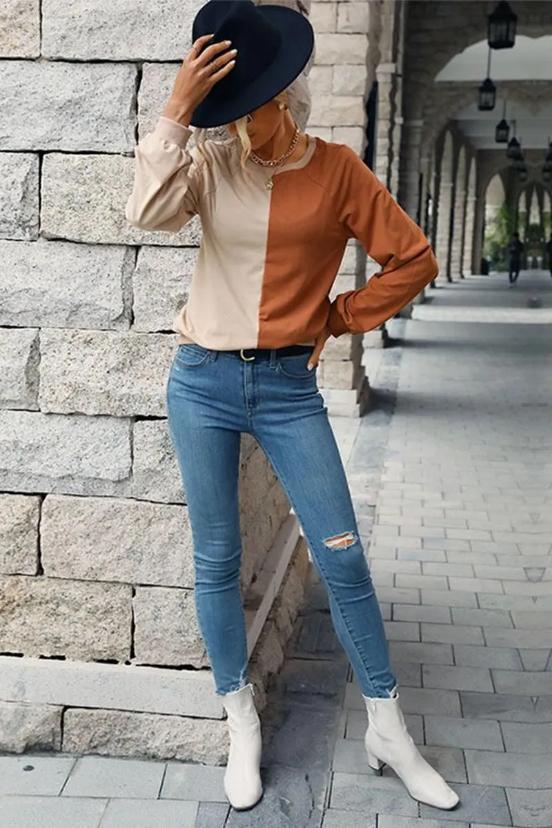 COLOR BLOCK ROUND NECK CASUAL TOP