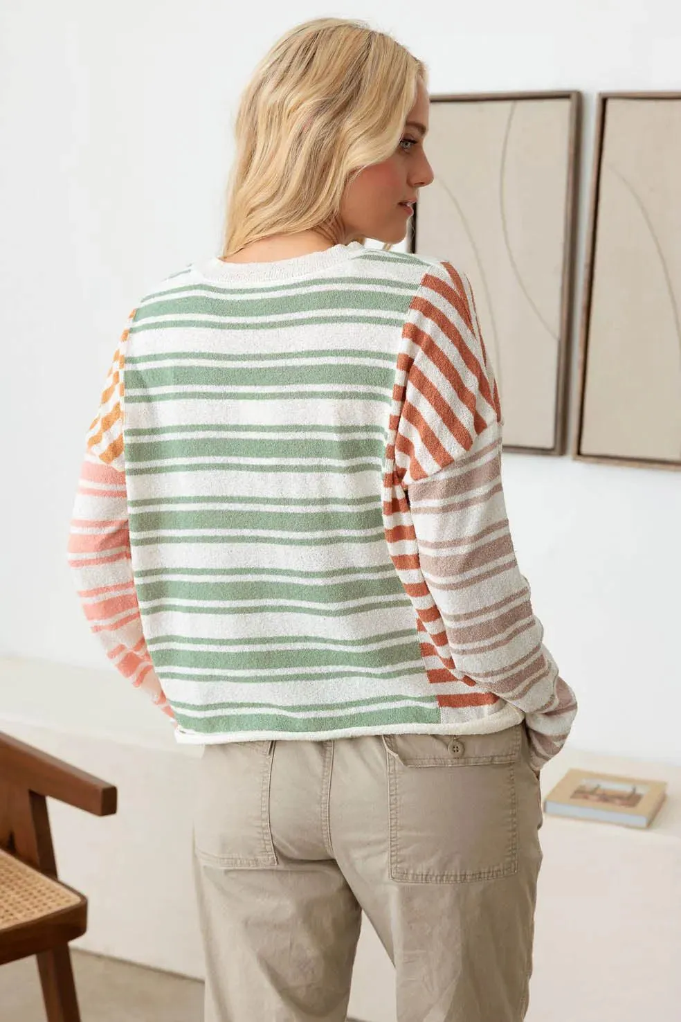 Color Block Stripe Wide Sleeve Relaxed Knit Top