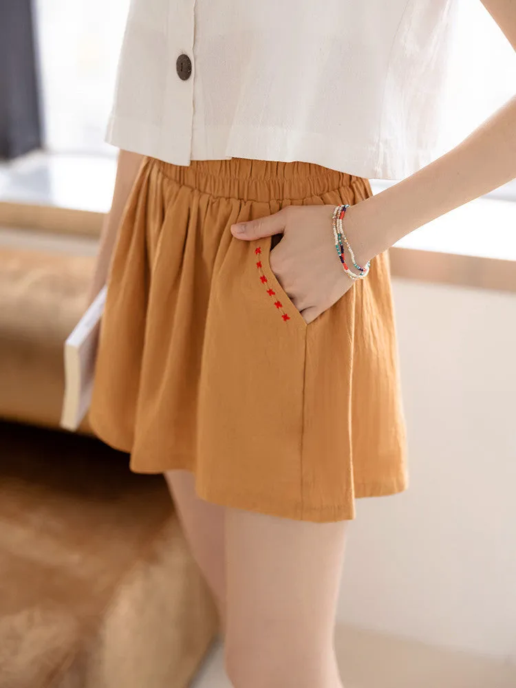 Cotton Embroidered Elastic Waist Shorts