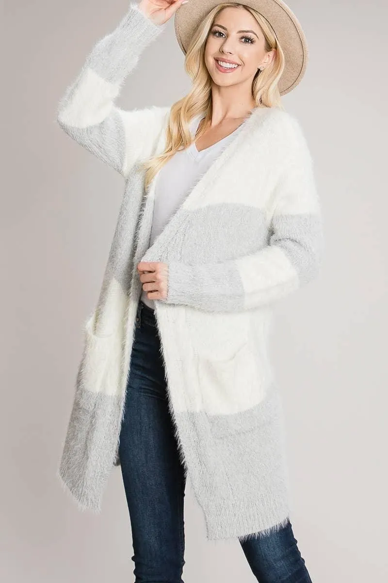 Cozy Eyelash Color block Open Cardigan