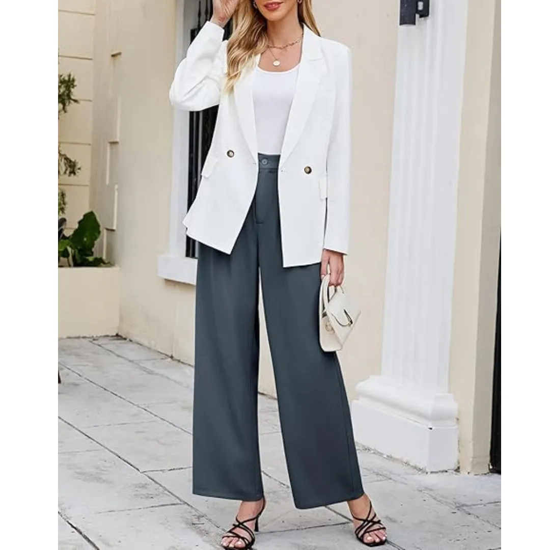 Dark Grey Elastic Waist Trousers for Women, Summer Trousers Wide Leg Pants with Pockets